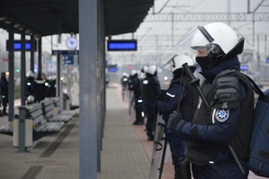 Zdjęcie poglądowe, przedstawiające policjantów na peronie kolejowym. Policjanci stoją tyłem do peronu.