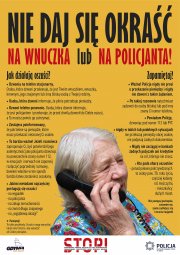 Zdjęcie przedstawiające seniorkę rozmawiającą przez telefon. Na plakacie widnieje napis: Nie daj się okraść na wnuczka lub na policjanta.