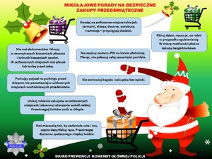 Zdjęcie poglądowe, przedstawiające plakat z Mikołajem i hasłami - radami na bezpieczne zakupy przedświąteczne