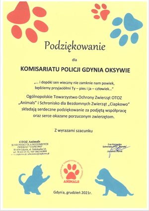 Zdjęcie przedstawiające podziękowania, które Policja otrzymała od kierownictwa schroniska dla zwierząt