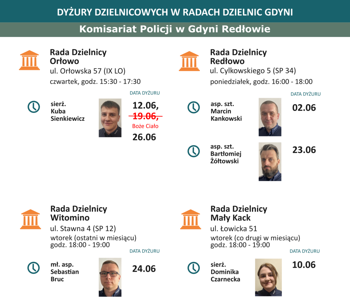 Grafika: dyżury Komisariat Redłowo na czerwiec 2025 r.
