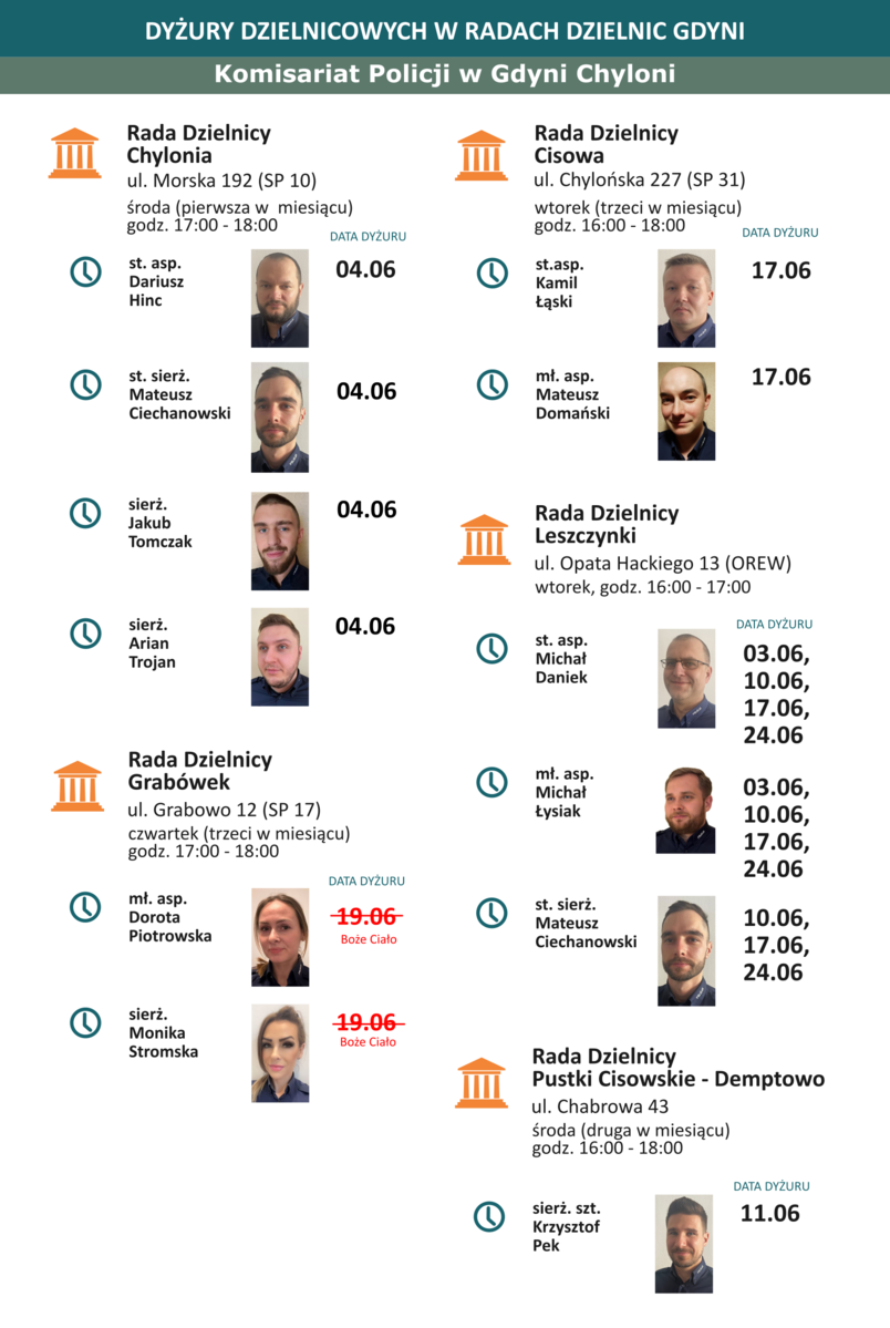 Grafika: dyżury Komisariat Chylonia na czerwiec 2025 r.