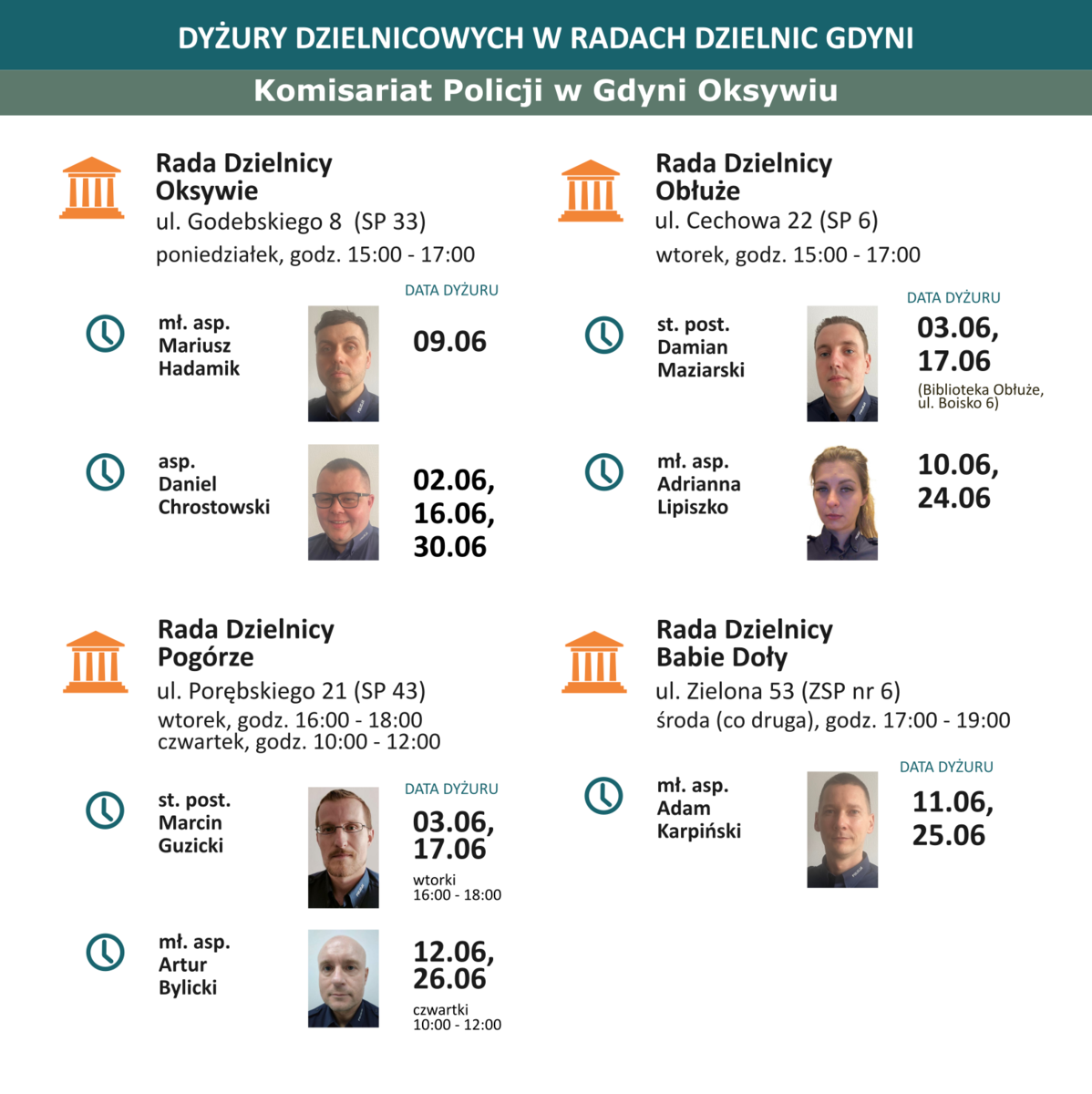 Grafika: dyżury Komisariat Oksywie na czerwiec 2025 r.