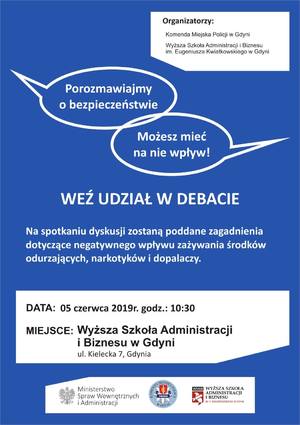 Zdjęcie poglądowe, przedstawiające zaproszenie na debatę społeczną, która ma się odbyć w Wyższej Szkole Biznesu i Administracji w Gdyni. Tematem debaty ma być obszar związany z narkotykami i dopalaczami.