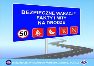 Zdjęcie poglądowe, przedstawiające plakat z napisem: Bezpieczne wakacje. Fakty i mity na drodze.