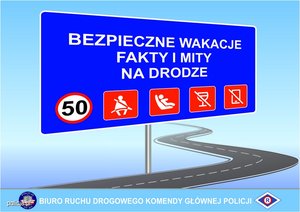 Zdjęcie poglądowe, przedstawiające plakat, na którym jest znak drogowy z napisem: Bezpieczne wakacje. Fakty i mity na drodze.