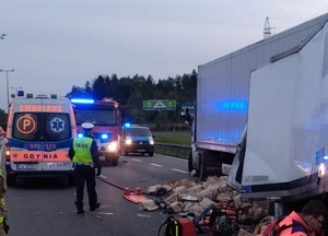 Zdjęcie poglądowe, przedstawiające pracę policjantów na miejscu wypadku drogowego. Na zdjęciu widać policjanta, karetkę pogotowia, wóz strażacki oraz samochód ciężarowy i wysypany towar z ciężarówki.