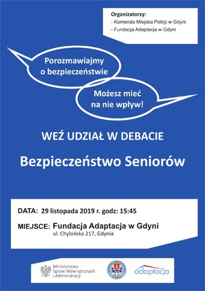 Zdjęcie poglądowe, przedstawiające plakat będący zaproszeniem na debatę społeczną do Fundacji Adaptacja Gdynia. Tematem debaty ma być bezpieczeństwo seniorów.