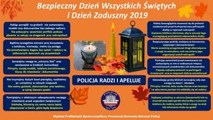 Zdjęcie poglądowe, przedstawiające ulotkę informacyjną. Policjanci poprzez ulotkę radzą jak należy postępować, aby w Dniu Wszystkich Świętych było bezpiecznie.