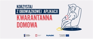 Obrazek będący logo do aplikacji domowej: na białym tle po prawej stronie jest niebieski szkic chłopca siedzącego w fotelu, a resztę części obrazka zajmuje napis &quot;Korzystaj z obowiązkowej aplikacji Kwarantanna Domowa&quot;.