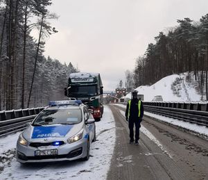 Zdjęcie przedstawiające policjanta na tle radiowozu podczas kontroli samochodu ciężarowego.