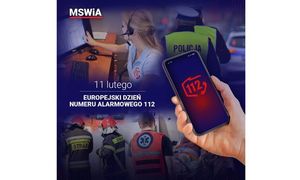 Zdjęcie przedstawiające ekran telefonu z numerem 112, a w tle policjant, ratownik medyczny, strażak oraz kobieta - dyspozytorka 112.