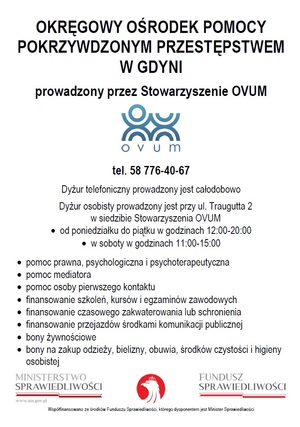 Plakat odnośnie pomocy w ramach tygodnia pomocy ofiarom przestępstw na terenie Gdyni.