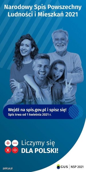 Zdjęcie poglądowe, przedstawiające plakat z rodziną. Na górze widnieje napis: Narodowy Spis Powszechny Ludności i Mieszkań 2021