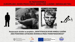 Zdjęcie poglądowe, przedstawiające plakat z napisem: Europejski dzień Przeciwko Handlowi Ludźmi i Niewolnictwu