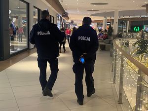 Zdjęcie przedstawiające policjantów kontrolujących galerię handlową