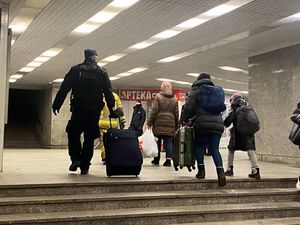 Zdjęcie przedstawiające policjantów pomagających uchodźcom z Ukrainy