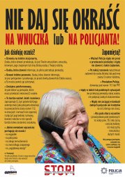 Zdjęcie poglądowe, przedstawiające plakat z napisem &quot;Nie daj się oszukać na wnuczka lub na policjanta