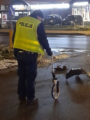 Zdjęcie przedstawiające policjanta podczas czynności na miejscu wypadku drogowego