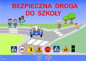 Zdjęcie przedstawiające plakat animowany, na którym widać dzieci przy przejściu dla pieszych oraz samochód na jezdni. Na górze plakatu jest napis: Bezpieczna Droga do Szkoły