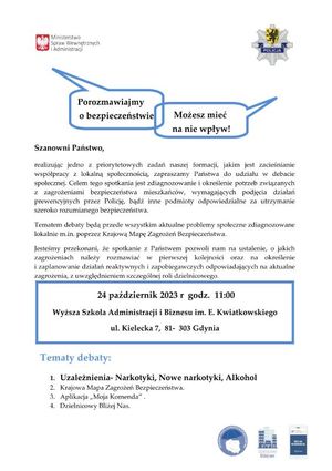 Zdjęcie przedstawiające plakat z informacją o terminie i godzinie debaty, a także jakie będą poruszone tematy.