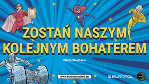 Zdjęcie przedstawiające plakat z napisem: Zostań naszym kolejnym bohaterem. Na zdjęciu są cztery bajkowe postacie.