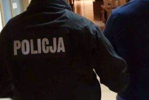 Zdjęcie poglądowe, przedstawiające policjanta prowadzącego zatrzymanego mężczyznę