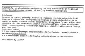 Zdjęcie przedstawiające maila z podziękowaniami dla policjantki i policjanta gdyńskiej drogówki