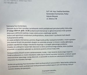 Zdjęcie przedstawiające pismo z podziękowaniami dla policjantów z Oksywia, które przesłała jedna z mieszkanek Gdyni po tym, jak zainterweniowali w jej sprawie.