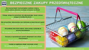 Zdjęcie przedstawiające plakat z koszykiem z pisankami oraz kilkoma radami dotyczącymi bezpiecznych zakupów przedświątecznych
