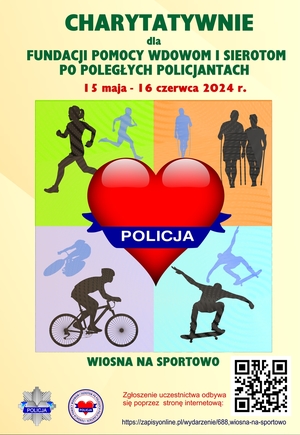 Zdjęcie przedstawiające plakat z sercem i napisem Policja oraz ilustracjami czterech dyscyplin sportowych