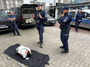 Zdjęcie przedstawiające dwie policjantki, dwóch policjantów, psa służbowego oraz dziewczynkę, która pokazuje bezpieczną pozycję Żółwia. Wszyscy są na tle radiowozów policyjnych.