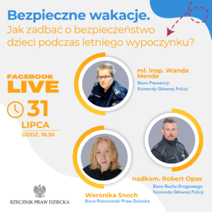 Plakat promujący webinar na temat bezpiecznych wakacji, na plakacie wizerunek dwóch policjantów i kobiety