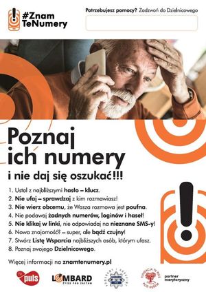 Zdjęcie przedstawiające plakat z seniorem rozmawiającym przez telefon komórkowy. Plakat zawiera też porady, jak nie dać się oszukać.