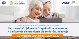 Zdjęcie przedstawiające seniorkę i seniora, patrzących w ekran laptopa.