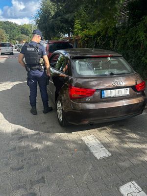 Zdjęcie przedstawiające policjanta, który rozmawia z kierowcą samochodu osobowego. W tle widać inne pojazdy.