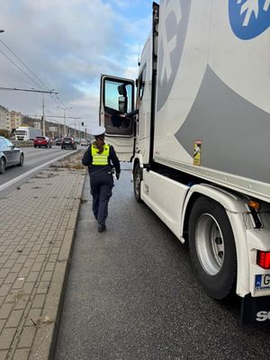 Zdjęcie przedstawiające policjantkę podczas kontroli samochodu ciężarowego.