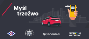 Zdjęcie poglądowe, przedstawiające plakat z czerwonym samochodem, żółtym alkomatem i napisem MYŚL TRZEŹWO.