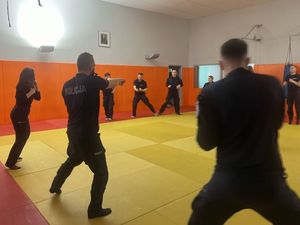 Zdjęcie przedstawiające policjantów podczas ćwiczeń na macie.