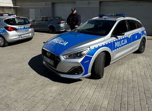 Zdjęcie przedstawiające policjanta przy radiowozie.