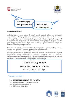 Zdjęcie przedstawiające plakat z informacją, dotyczącą debaty społecznej na temat bezpieczeństwa seniorów.