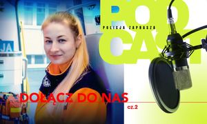 Zdjęcie przedstawiające kobietę na plakacie reklamującym podcast.
