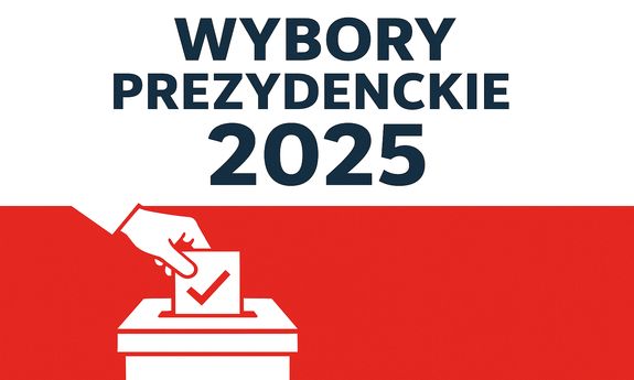 Zdjęcie przedstawiające napis WYBORY PREZYDENCKIE 2025 na tle barwy biało-czerwonej