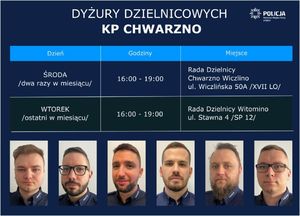 Zdjęcie przedstawiające dzielnicowych wraz z informacją o placówkach i terminach, w których dyżurują.