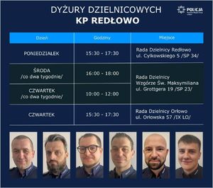 Zdjęcie przedstawiające dzielnicowych wraz z informacją o placówkach i terminach, w których dyżurują.