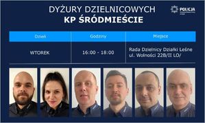Zdjęcie przedstawiające dzielnicowych wraz z informacją o placówkach i terminach, w których dyżurują.