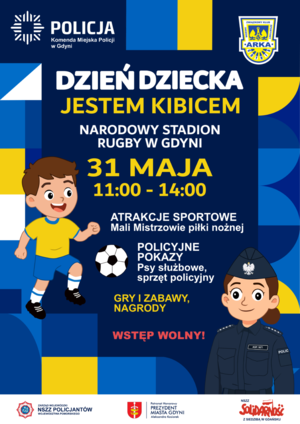 Komenda Miejska Policji w Gdyni wspólnie z Klubem Arka Gdynia serdecznie zapraszają mieszkańców na wyjątkowe wydarzenie z okazji Dnia Dziecka, które odbędzie się 31 maja 2025 roku ( sobota) w godz.11:00-14:00 na terenie Narodowego Stadionu Rugby w Gdyni przy ul. Kazimierza Górskiego 10 .