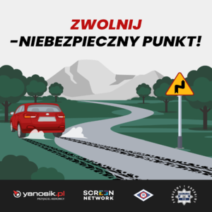 Biuro Ruchu Drogowego KGP wspólnie z firmą Neptis SA będącą operatorem komunikatora Yanosik, począwszy od 1 czerwca do końca września 2025 r., prowadzi akcję informacyjno-edukacyjną pn. Zwolnij – niebezpieczny punkt!