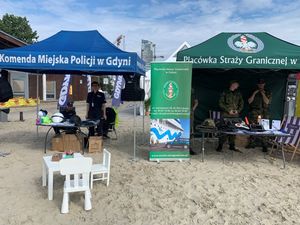Zdjęcie przedstawiające policjantów i funkcjonariuszy innych służb podczas festynu na plaży miejskiej.