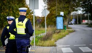 Zdjęcie przedstawiające policjantkę i policjanta stojących przy przejściu dla pieszych.